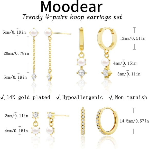 Dainty 14K Gold Plated 4 pearl chain set-GD Hoops Trendy Earring Set for Women - Picture 5 of 7